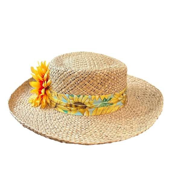 Y2K Spring Bonnet Sunflowers Vintage Blossom Derby Floral Sunday Straw Hat - Picture 4 of 5